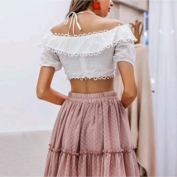 Simplee Drawstring Waist Swiss Dot Frill Trim Skirt - Picture 2 of 6